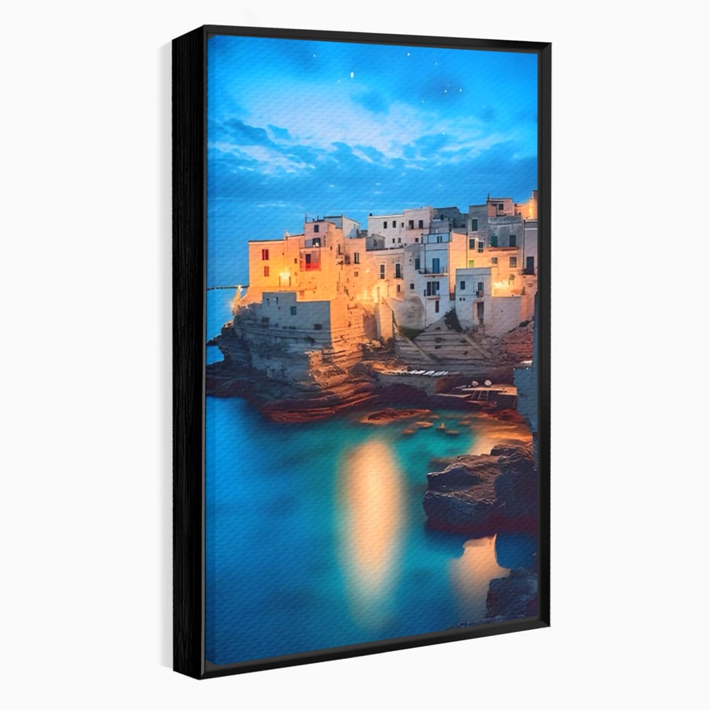 Tablou canvas cu tablou canvas cu peisaj costier nocturn, in rama de aluminiu negru